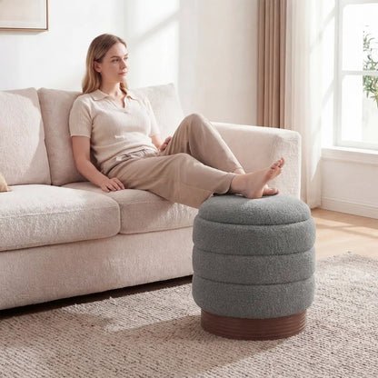 Round Storage Ottoman with Acacia Wood Frame for Living Room