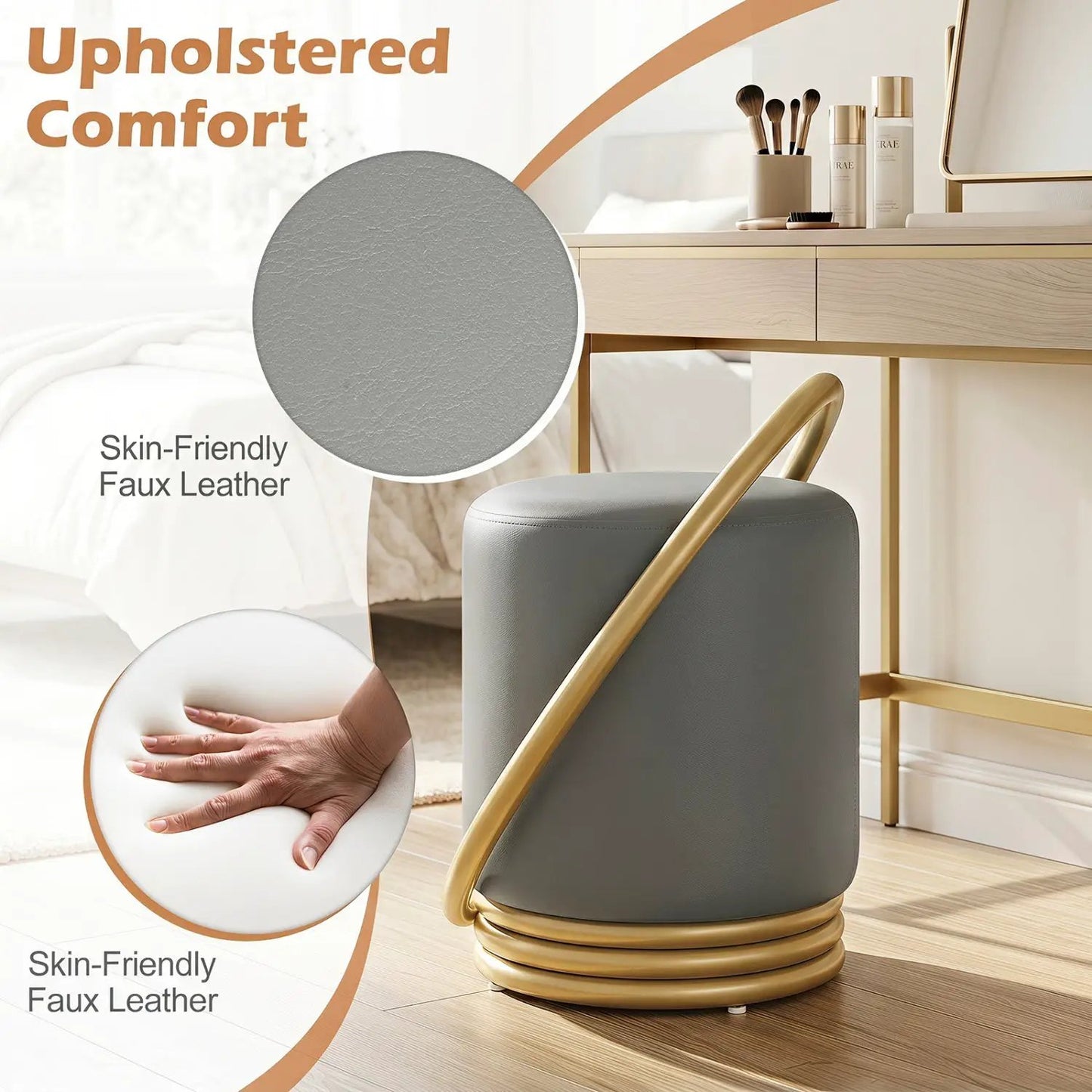 Round Vanity Stool with Gold Halo Design