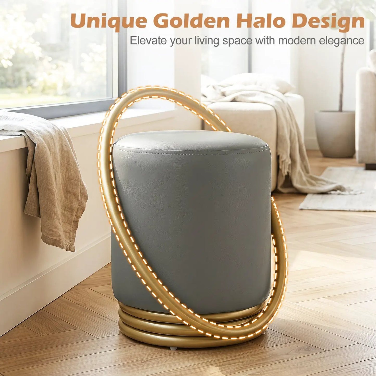 Round Vanity Stool with Gold Halo Design