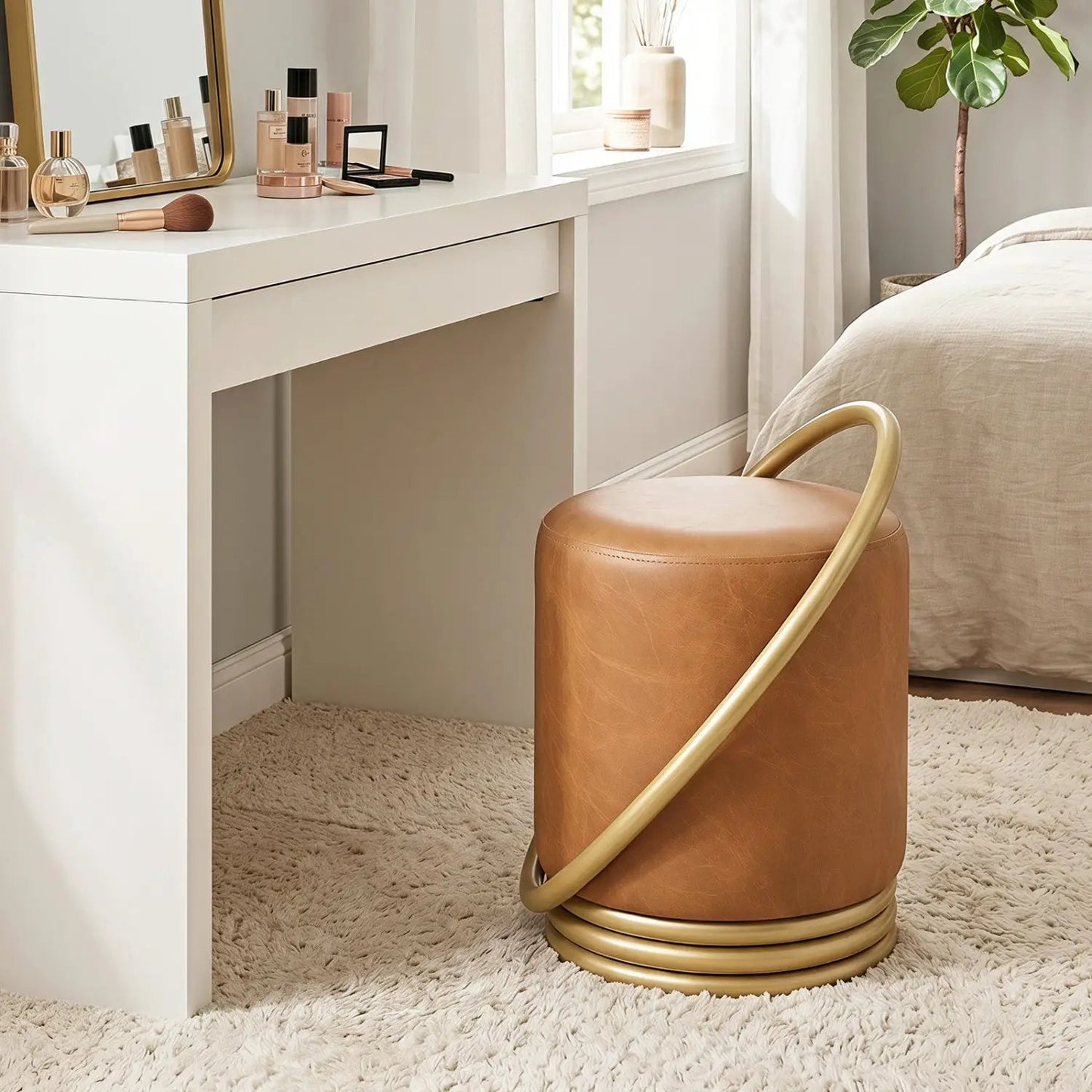 Round Vanity Stool with Gold Halo Design