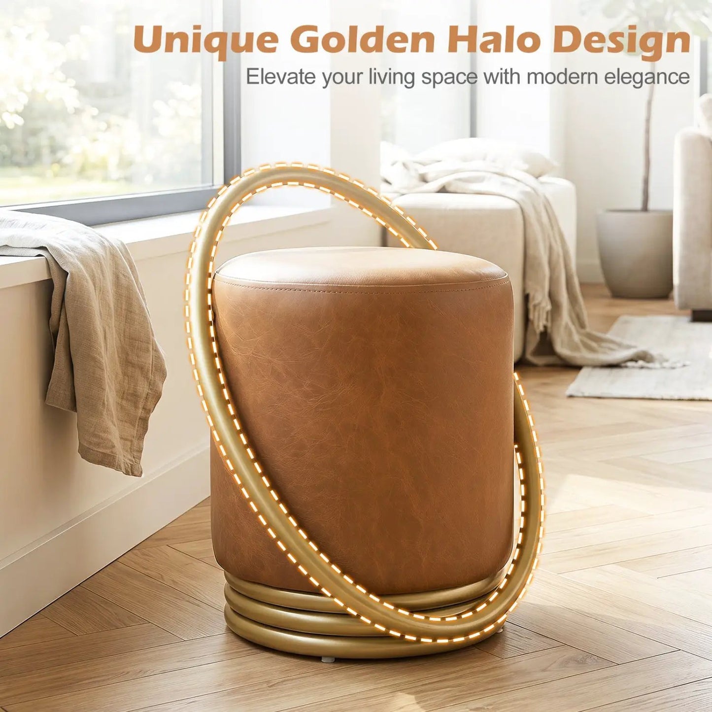 Round Vanity Stool with Gold Halo Design
