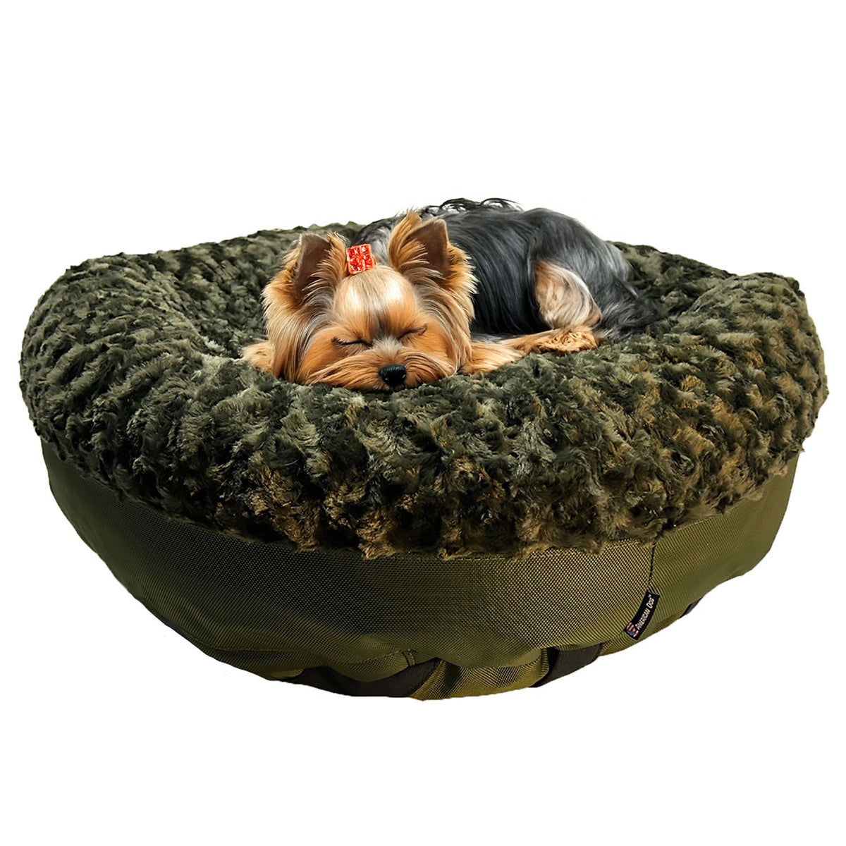 Dog Bed - Round Bolstered Furvana™ olive green faux fur bed by American Dog on Tampa Home & Garden Store