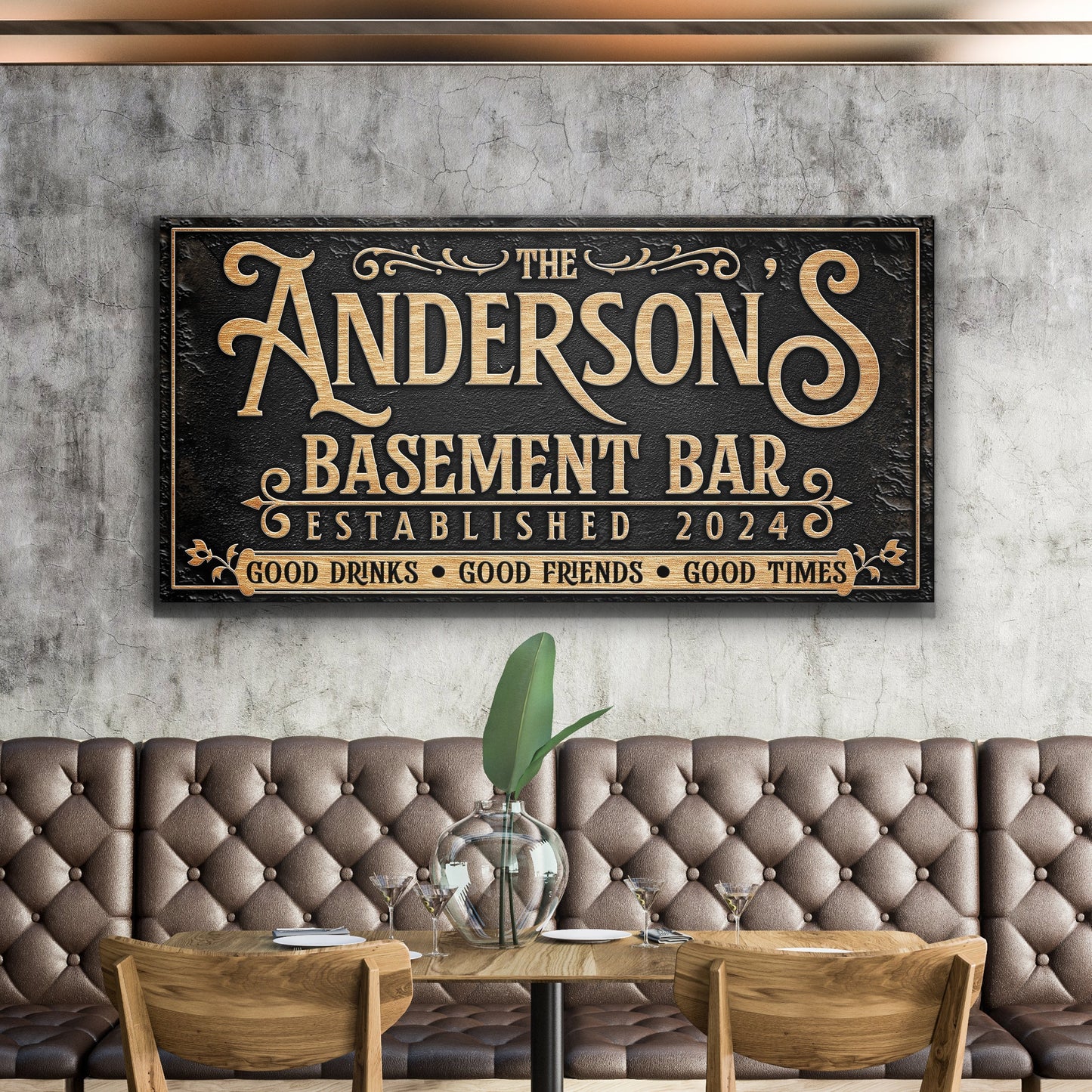 Custom Basement Bar Sign III canvas with gold lettering on black ornate vintage frame on Tampa Home & Garden Store