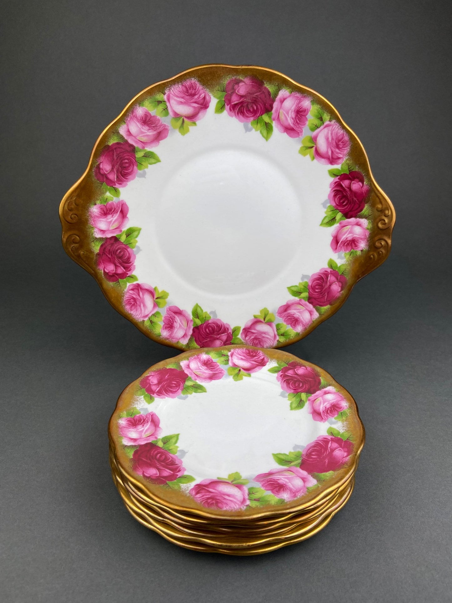 Royal Albert Set of Six Dessert Plates and One Serving Plate  with Old English Rose Pattern.  Made in England. - Tampa Home & Garden Store