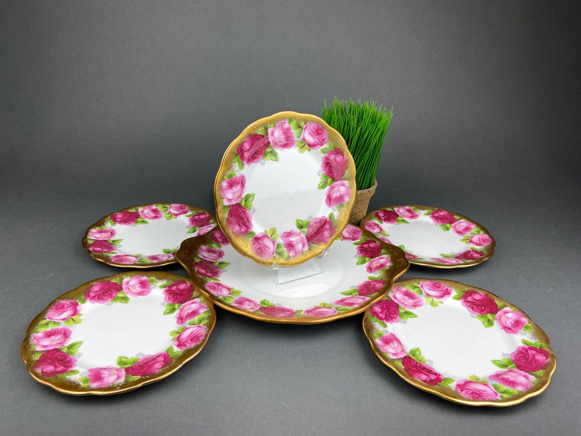 Royal Albert Set of Six Dessert Plates and One Serving Plate  with Old English Rose Pattern.  Made in England. - Tampa Home & Garden Store