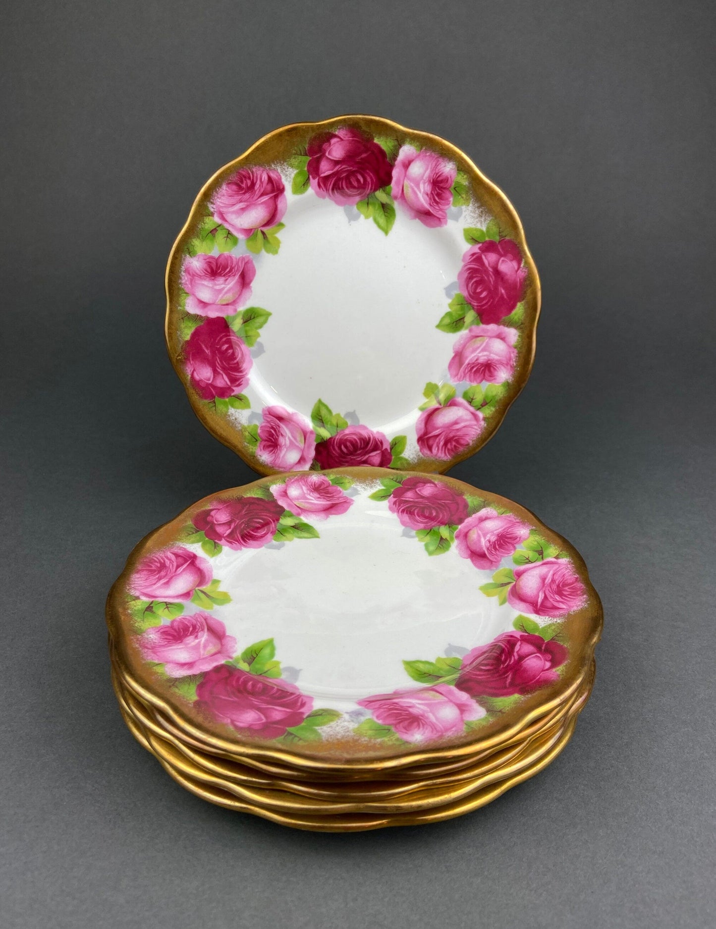 Royal Albert Set of Six Dessert Plates and One Serving Plate  with Old English Rose Pattern.  Made in England. - Tampa Home & Garden Store