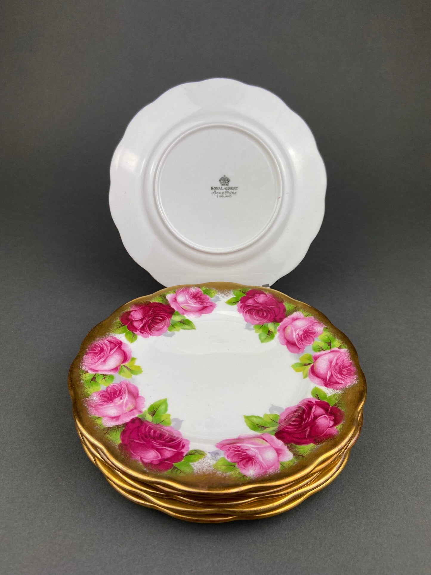 Royal Albert Set of Six Dessert Plates and One Serving Plate  with Old English Rose Pattern.  Made in England. - Tampa Home & Garden Store