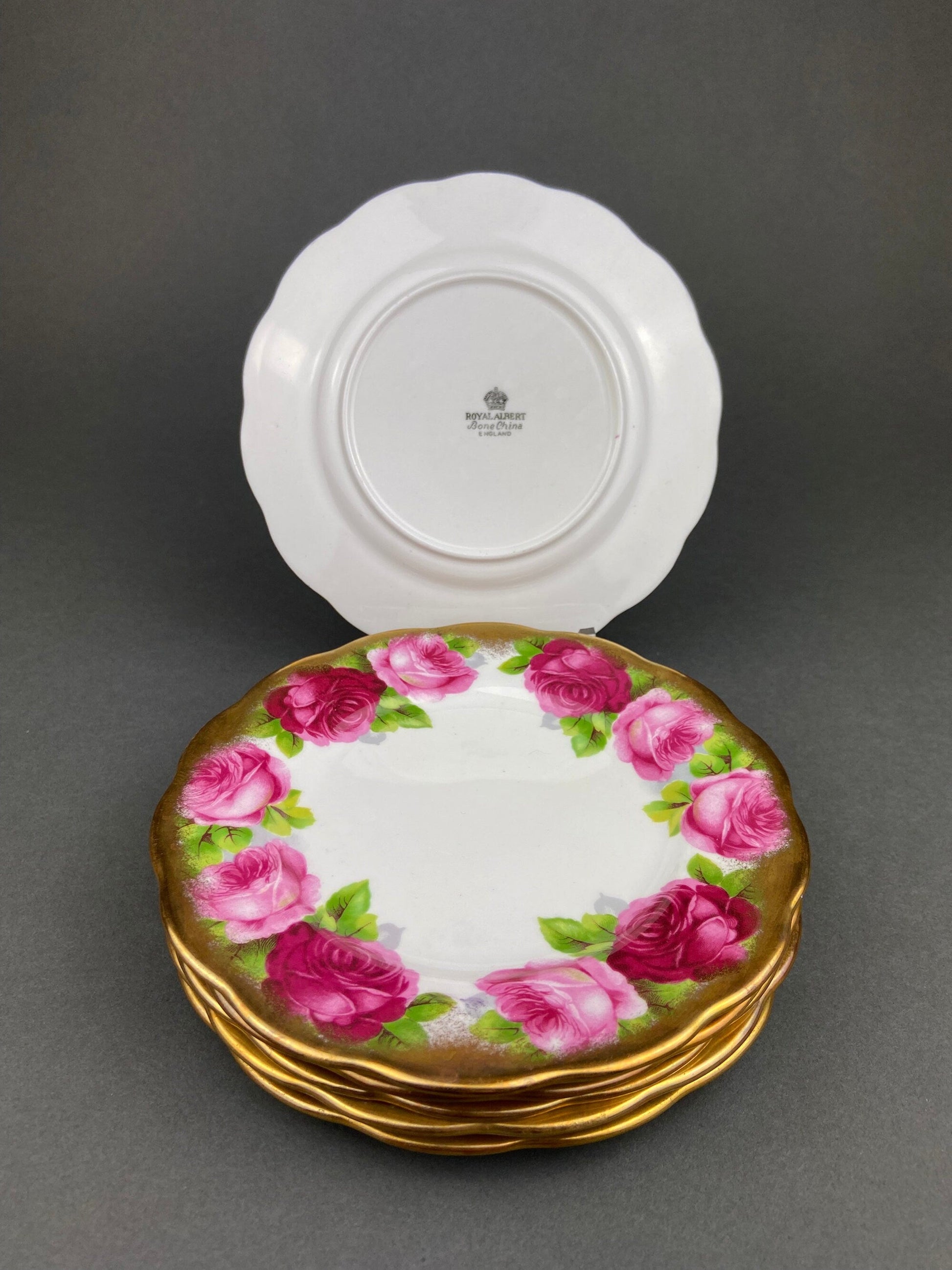 Royal Albert Set of Six Dessert Plates and One Serving Plate  with Old English Rose Pattern.  Made in England. - Tampa Home & Garden Store