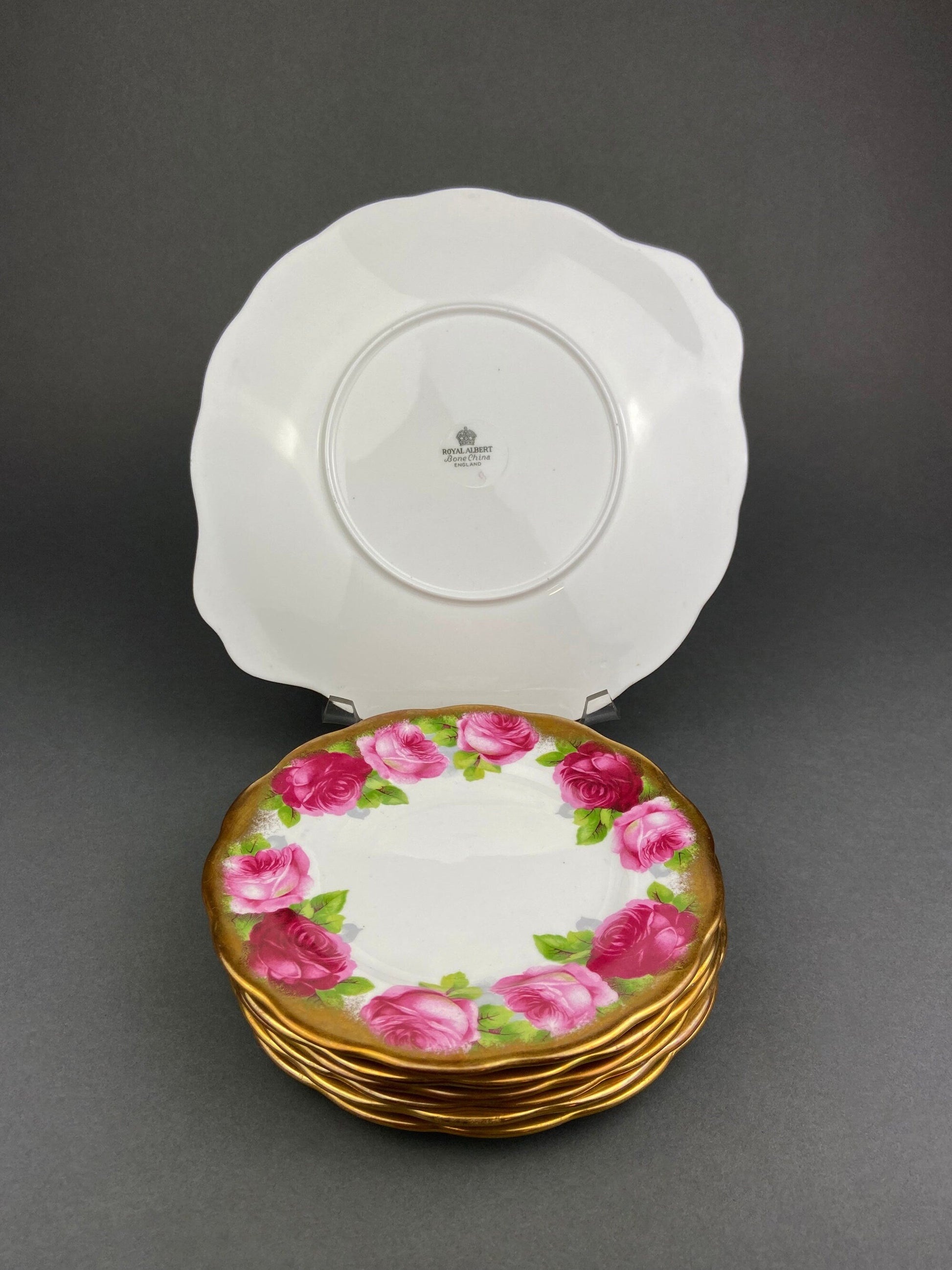 Royal Albert Set of Six Dessert Plates and One Serving Plate  with Old English Rose Pattern.  Made in England. - Tampa Home & Garden Store