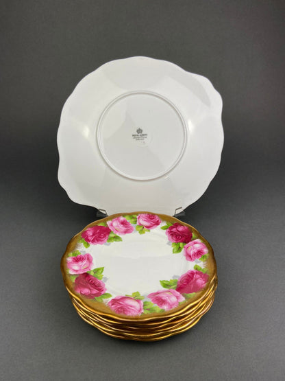 Royal Albert Set of Six Dessert Plates and One Serving Plate  with Old English Rose Pattern.  Made in England. - Tampa Home & Garden Store