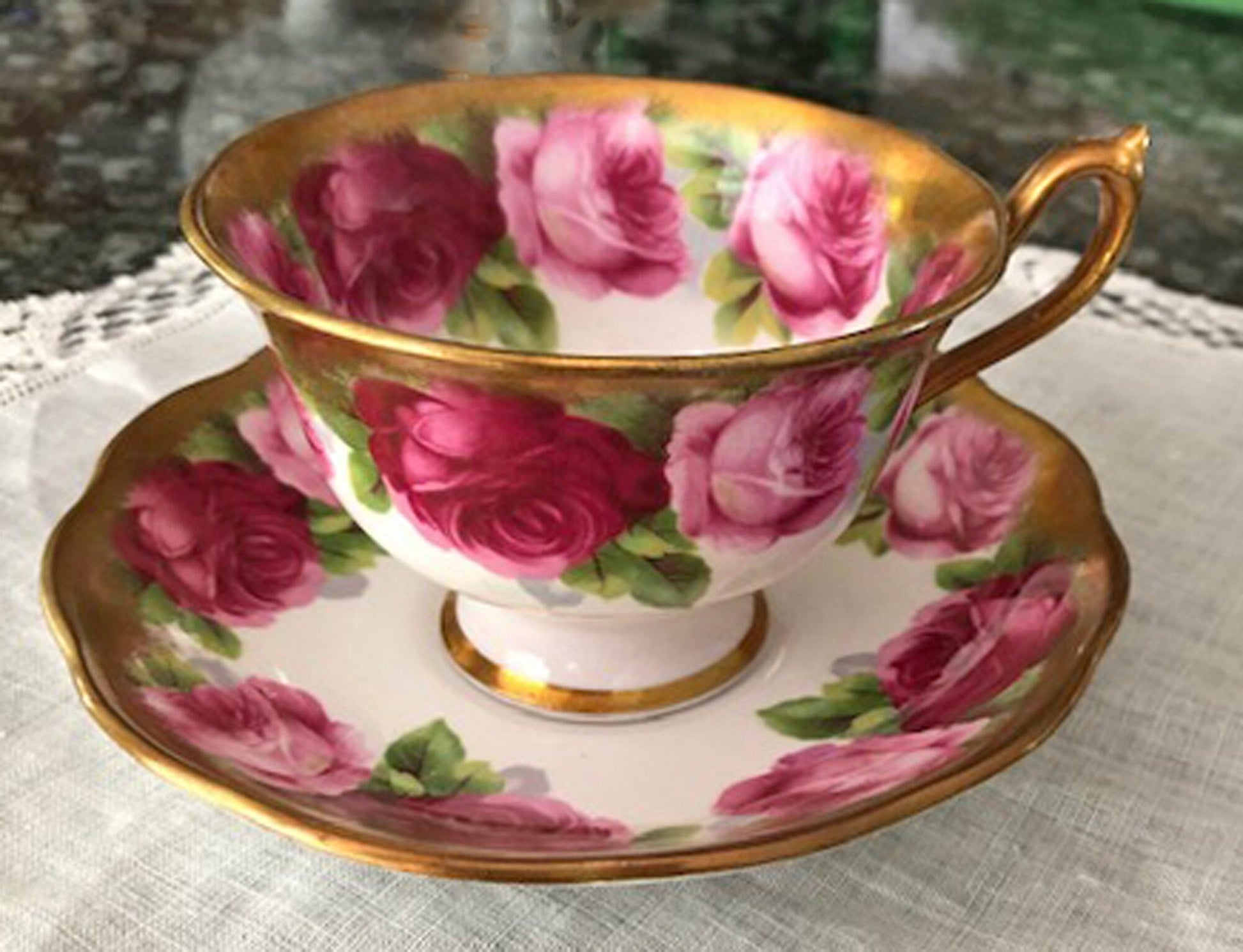 Royal Albert Set of Six Dessert Plates and One Serving Plate  with Old English Rose Pattern.  Made in England. - Tampa Home & Garden Store