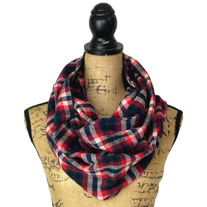 Royal Navy, Red, Black and Creamy White Plaid Flannel Infinity or Blanket Scarf - Tampa Home & Garden Store