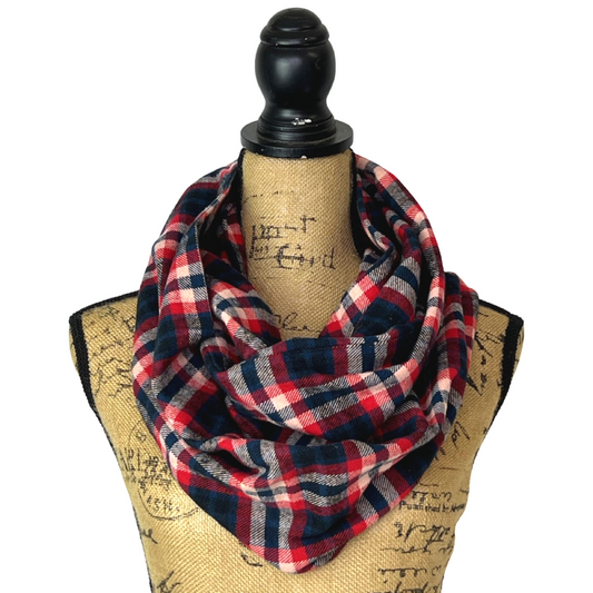 Royal Navy, Red, Black and Creamy White Plaid Flannel Infinity or Blanket Scarf - Tampa Home & Garden Store