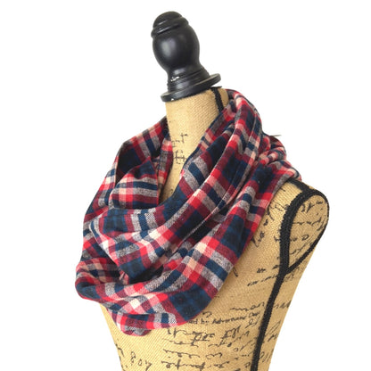 Royal Navy, Red, Black and Creamy White Plaid Flannel Infinity or Blanket Scarf - Tampa Home & Garden Store