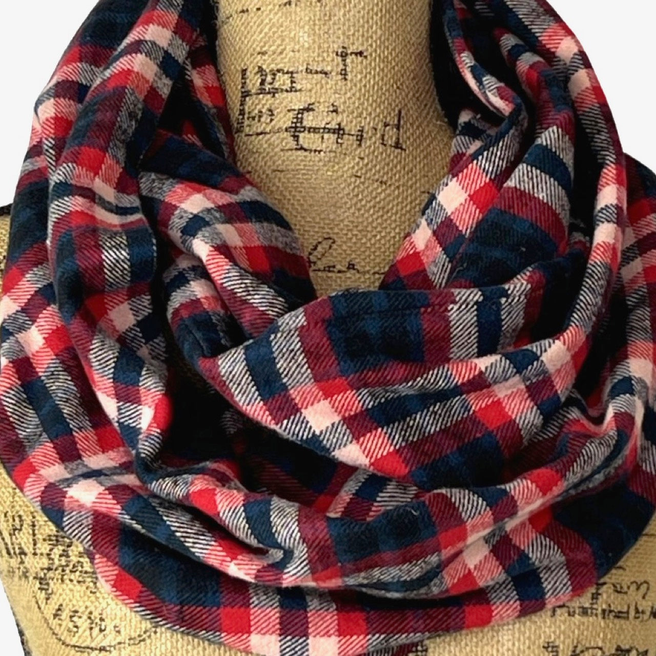 Royal Navy, Red, Black and Creamy White Plaid Flannel Infinity or Blanket Scarf - Tampa Home & Garden Store