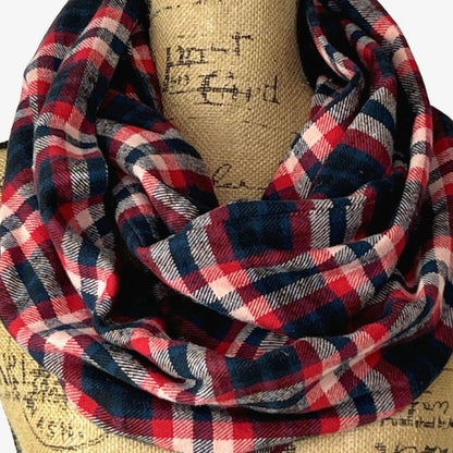 Royal Navy, Red, Black and Creamy White Plaid Flannel Infinity or Blanket Scarf - Tampa Home & Garden Store