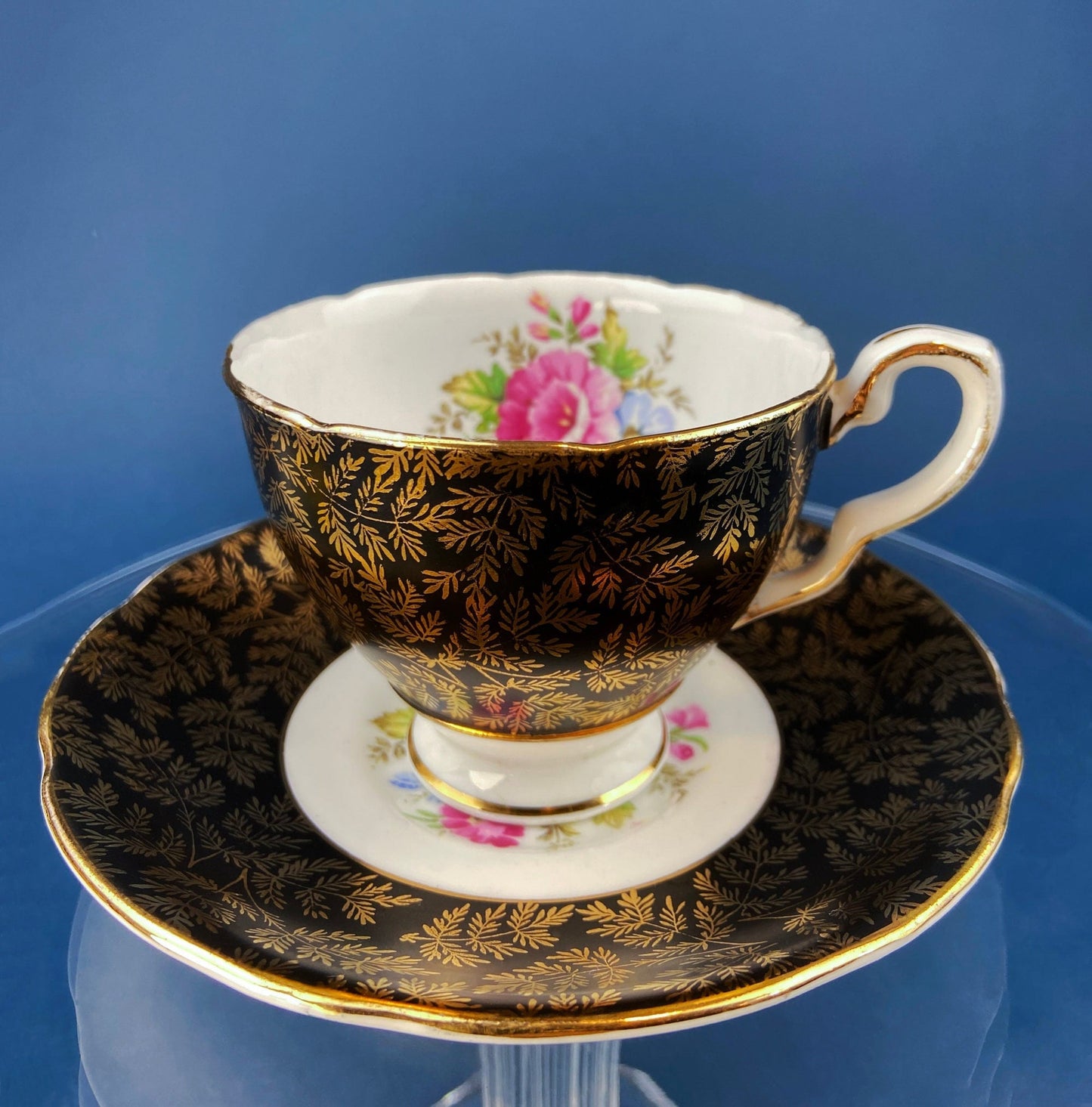 Royal Stafford Cup and Saucer. Black with Gold. Hand Painted Flower Bouquet Inside of Cup and on the Plate. - Tampa Home & Garden Store