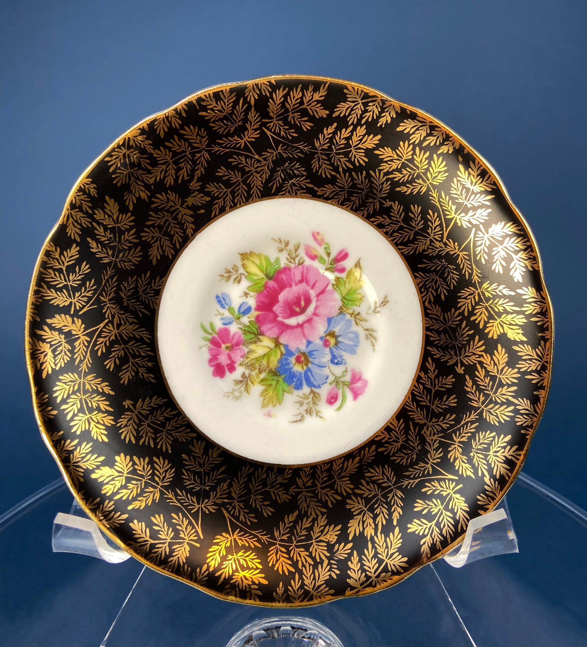 Royal Stafford Cup and Saucer. Black with Gold. Hand Painted Flower Bouquet Inside of Cup and on the Plate. - Tampa Home & Garden Store