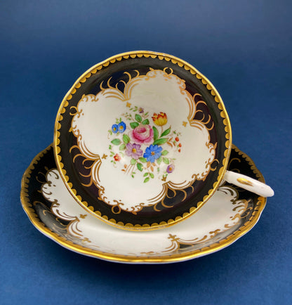 Royal Stafford Cup and Saucer. Black with Gold. Hand Painted Flower Bouquet Inside of Cup and on the Plate. - Tampa Home & Garden Store