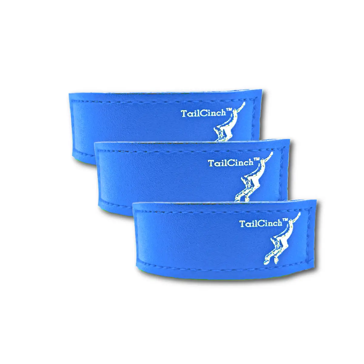 TailCinch Equine Tail Ties blue leather set of 3 with TailCinch logo on Tampa Home & Garden Store