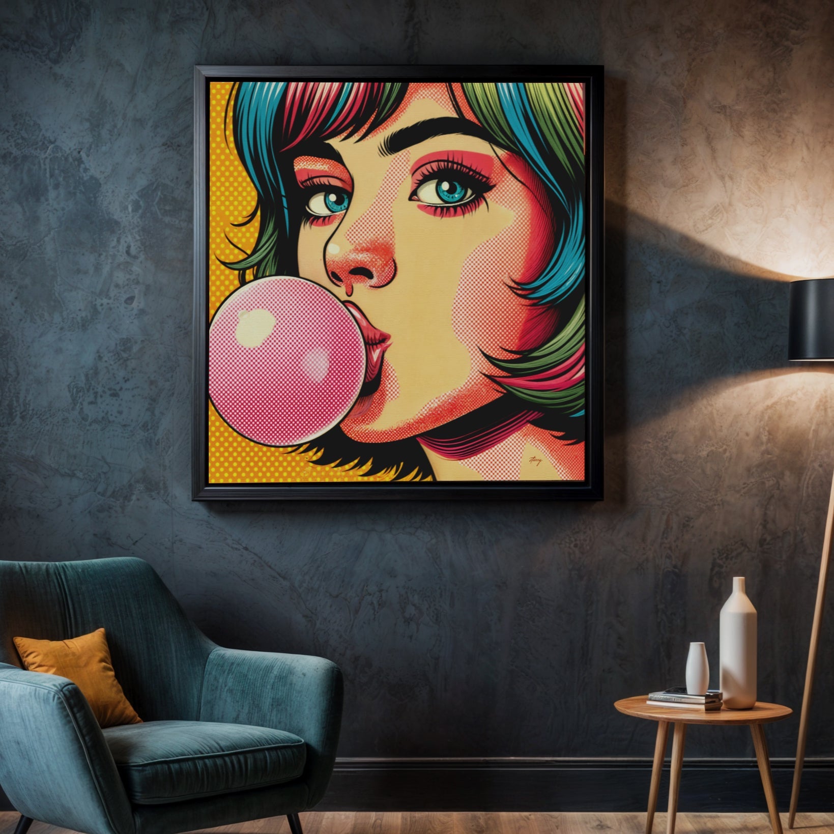 Roys Bubble canvas print Tailored Canvases, pink bubble gum on yellow halftone background on Tampa Home & Garden Store