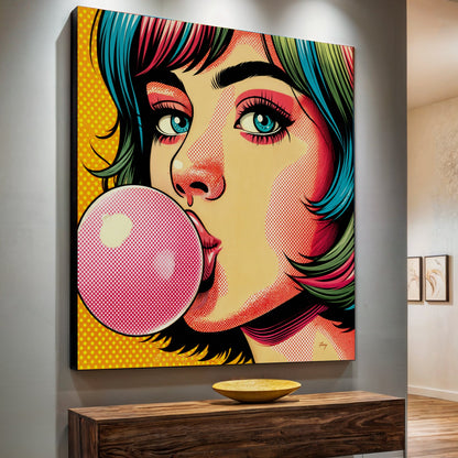 Canvas Print Roys Bubble by Tailored Canvases, portrait with colorful hair and pink bubble on Tampa Home & Garden Store