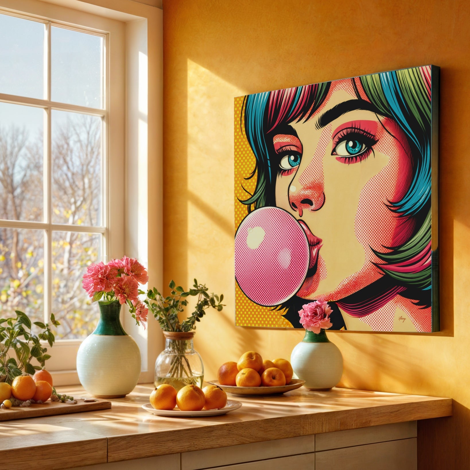 Canvas Print Roys Bubble by Tailored Canvases, pop-art portrait with teal hair on yellow background on Tampa Home & Garden Store