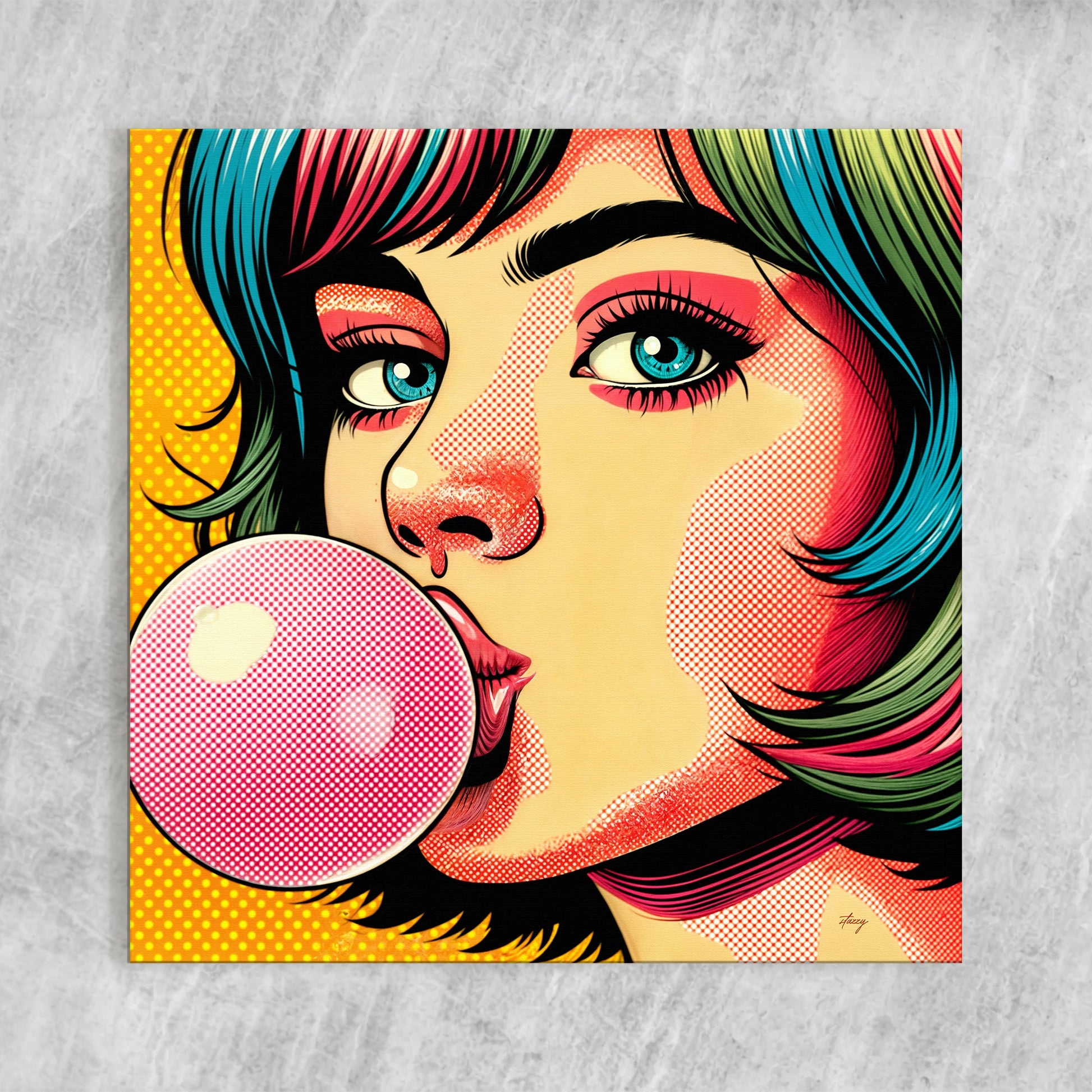 Canvas print Roys Bubble pop art portrait with vibrant rainbow hair and bold blue eye on Tampa Home & Garden Store