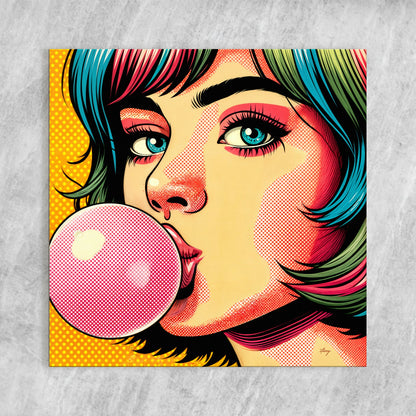 Canvas print Roys Bubble pop art portrait with vibrant rainbow hair and bold blue eye on Tampa Home & Garden Store
