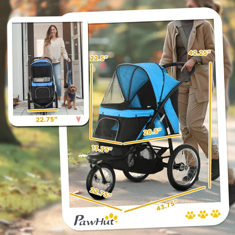 3-wheel pet stroller for small to medium dogs, blue canopy with mesh window, PawHub on Tampa Home & Garden Store