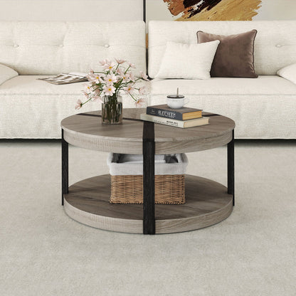 Mesa de centro redonda de madera de caucho de 34.5" con dos niveles, superficie espaciosa y estante de almacenamiento - Gris