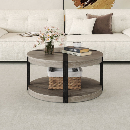 34.5" Rubber Wood 2-Tier Round Center Table with Spacious Tabletop and Storage Shelf-Gray - Tampa Home & Garden Store