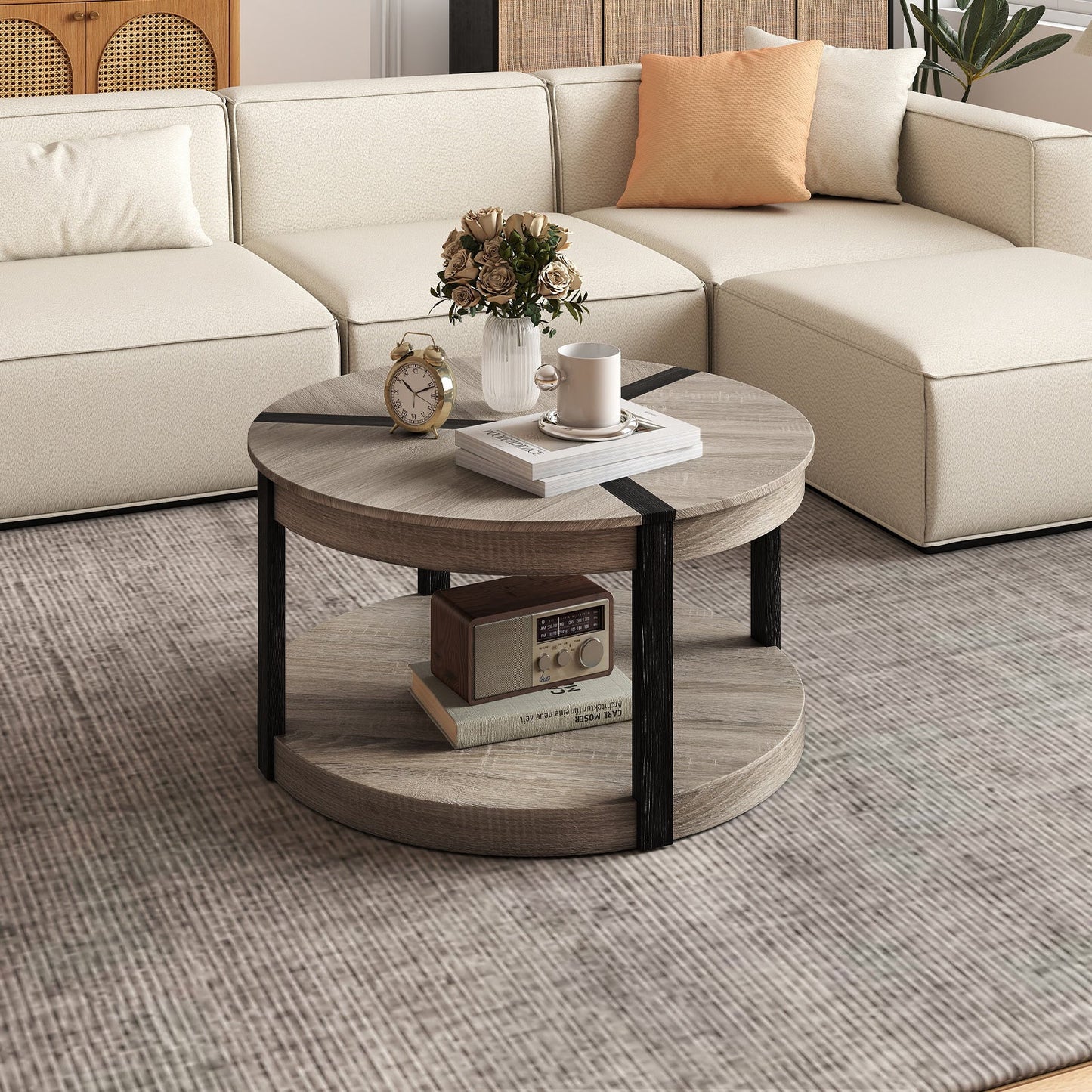 Mesa de centro redonda de madera de caucho de 34.5" con dos niveles, superficie espaciosa y estante de almacenamiento - Gris