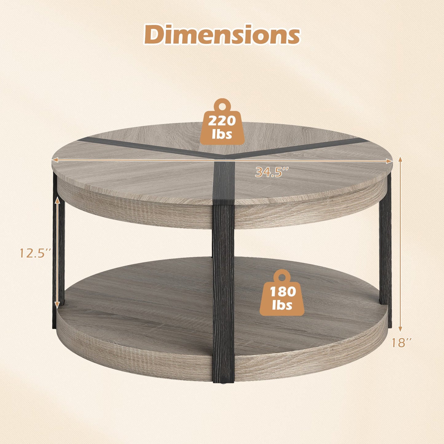 Mesa de centro redonda de madera de caucho de 34.5" con dos niveles, superficie espaciosa y estante de almacenamiento - Gris