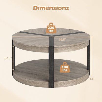 Mesa de centro redonda de madera de caucho de 34.5" con dos niveles, superficie espaciosa y estante de almacenamiento - Gris
