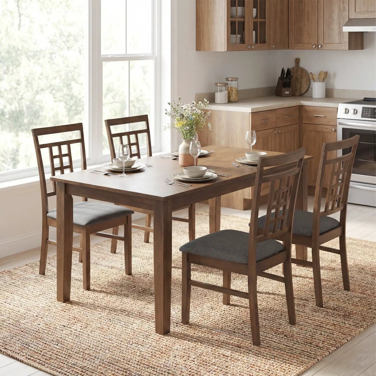 Rubber Wood Dining Chairs Set 4 with Lattice Back