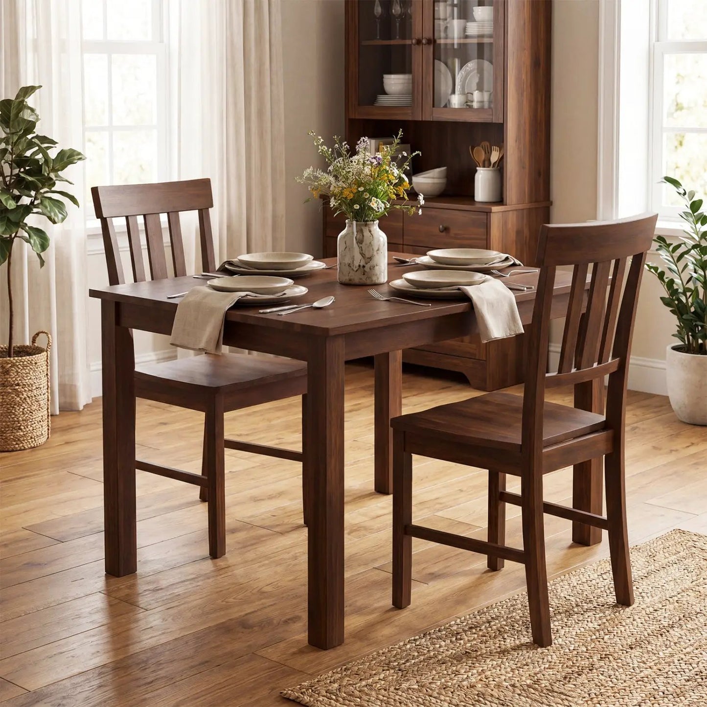 Rubber Wood Dining Chairs Set of 2 High Slat Back