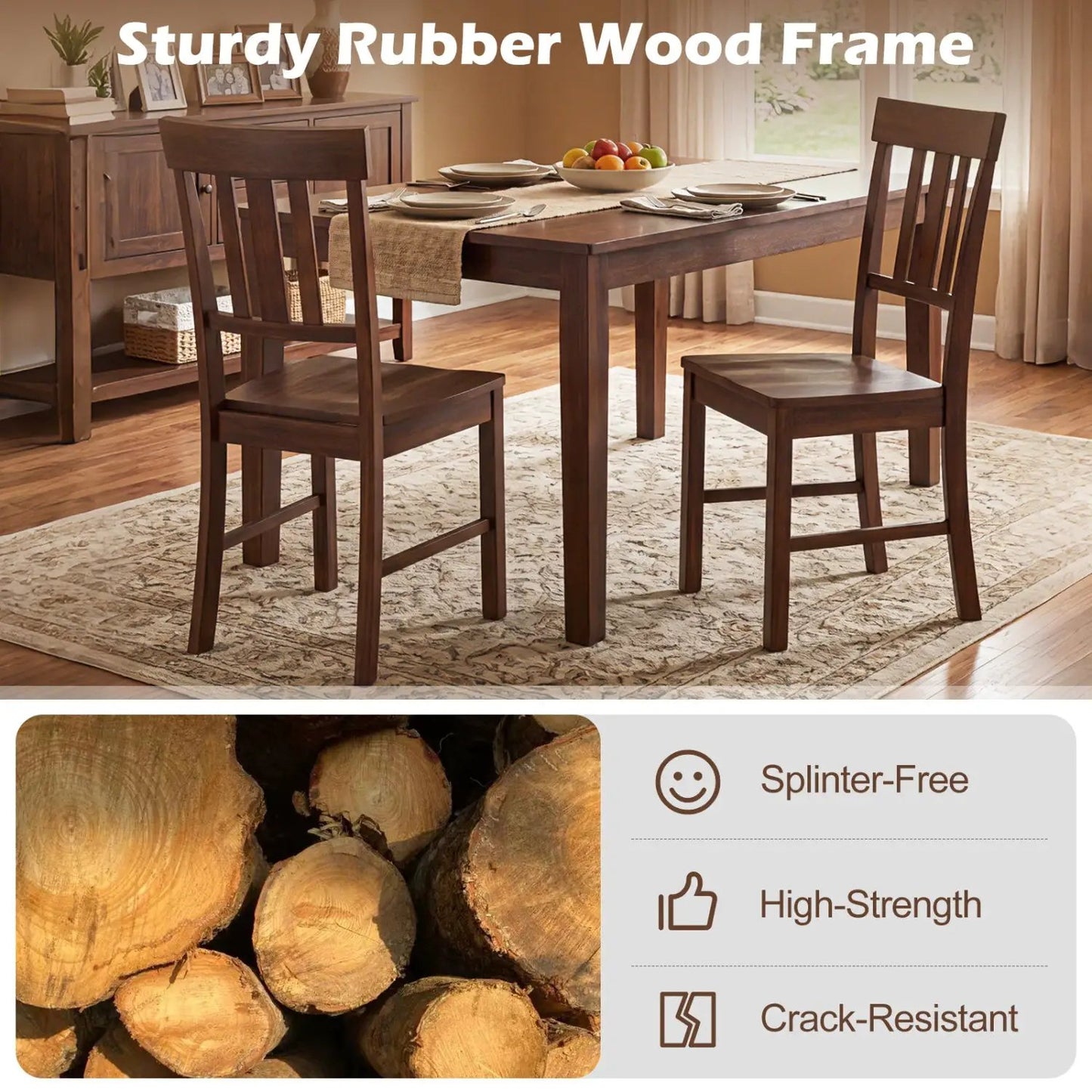 Rubber Wood Dining Chairs with Slat Backrests