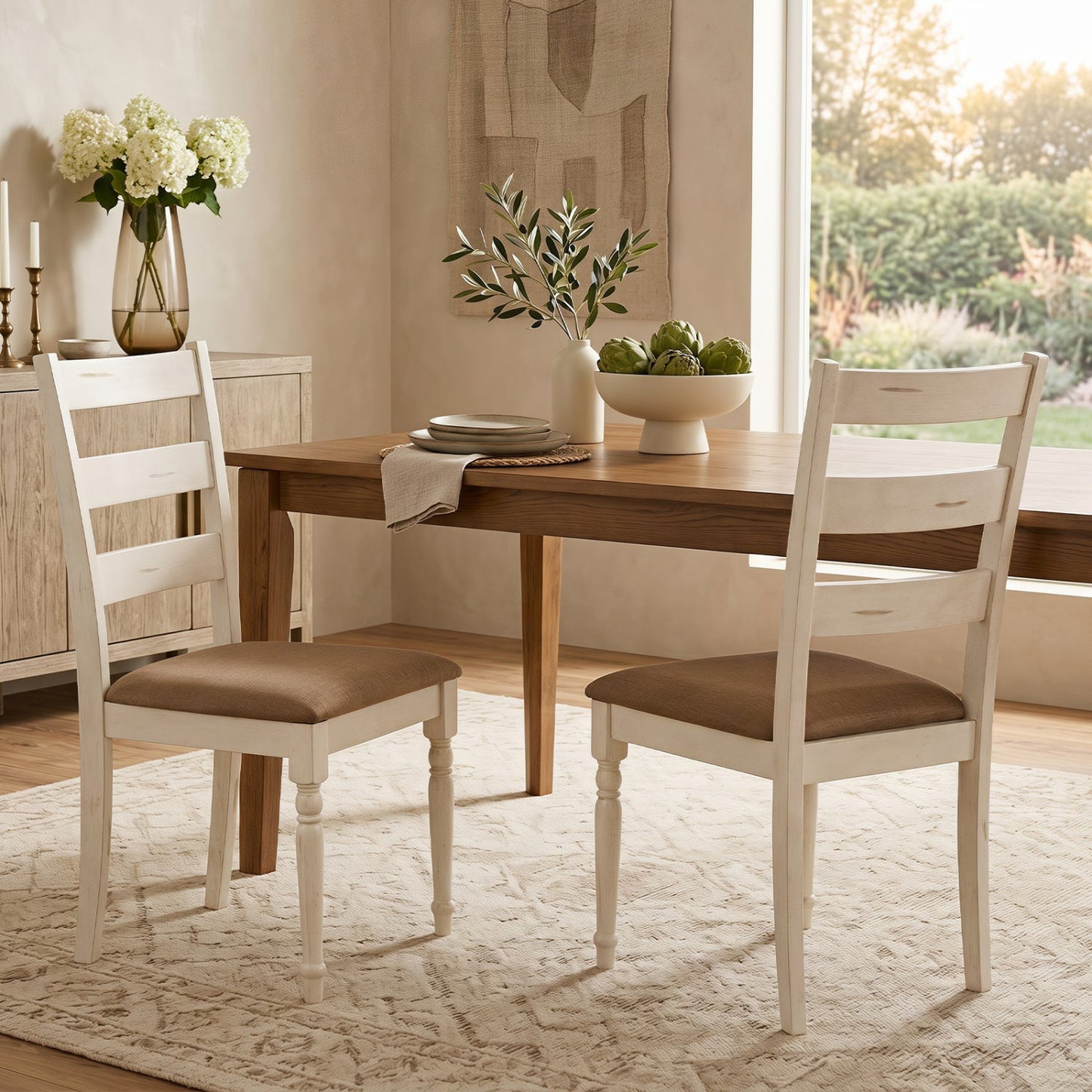 Dining chairs set of 2 with padded linen seats, white painted wood, ladder-back around wood table on Tampa Home & Garden Store