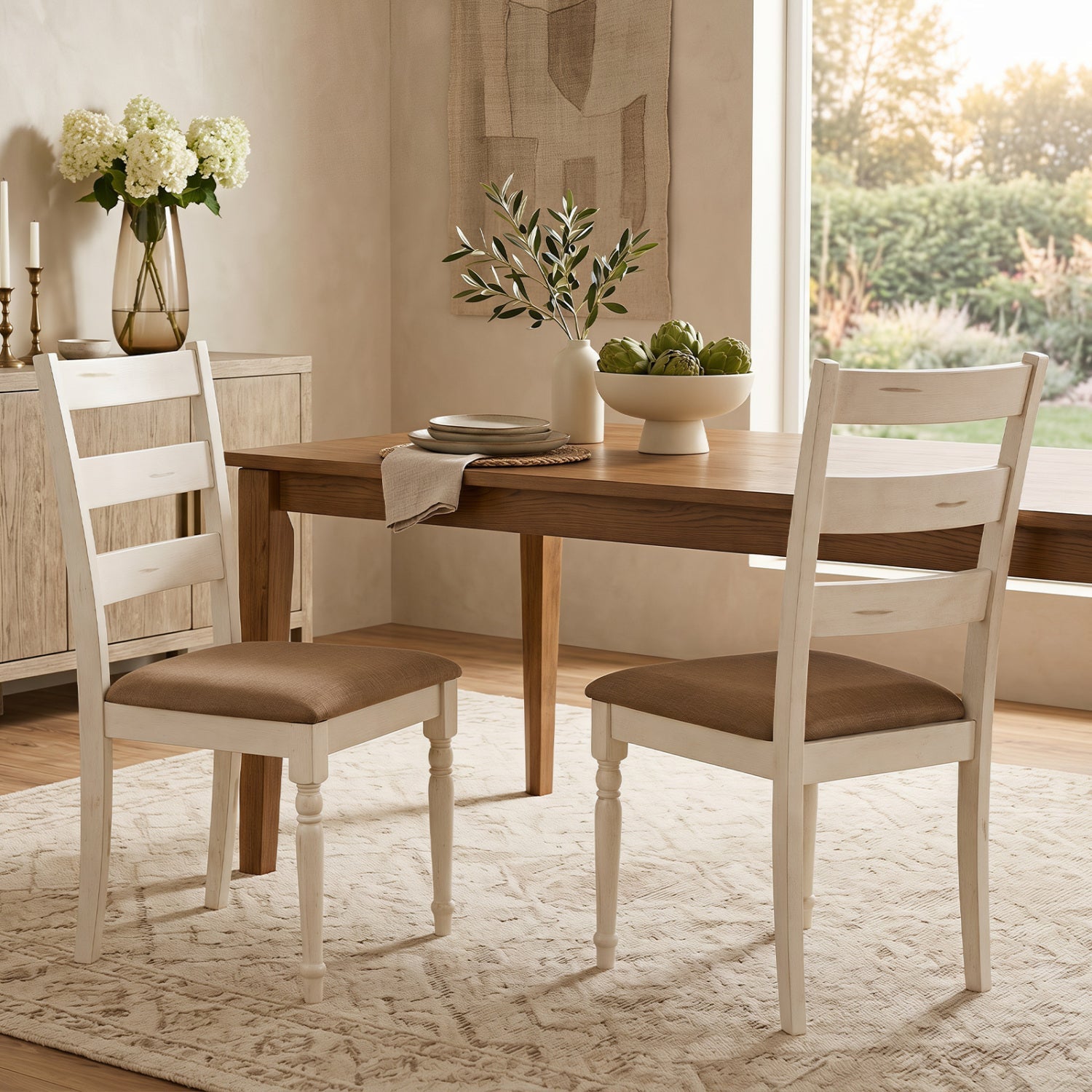 Dining chairs set of 2 with padded linen seats, white painted wood, ladder-back around wood table on Tampa Home & Garden Store