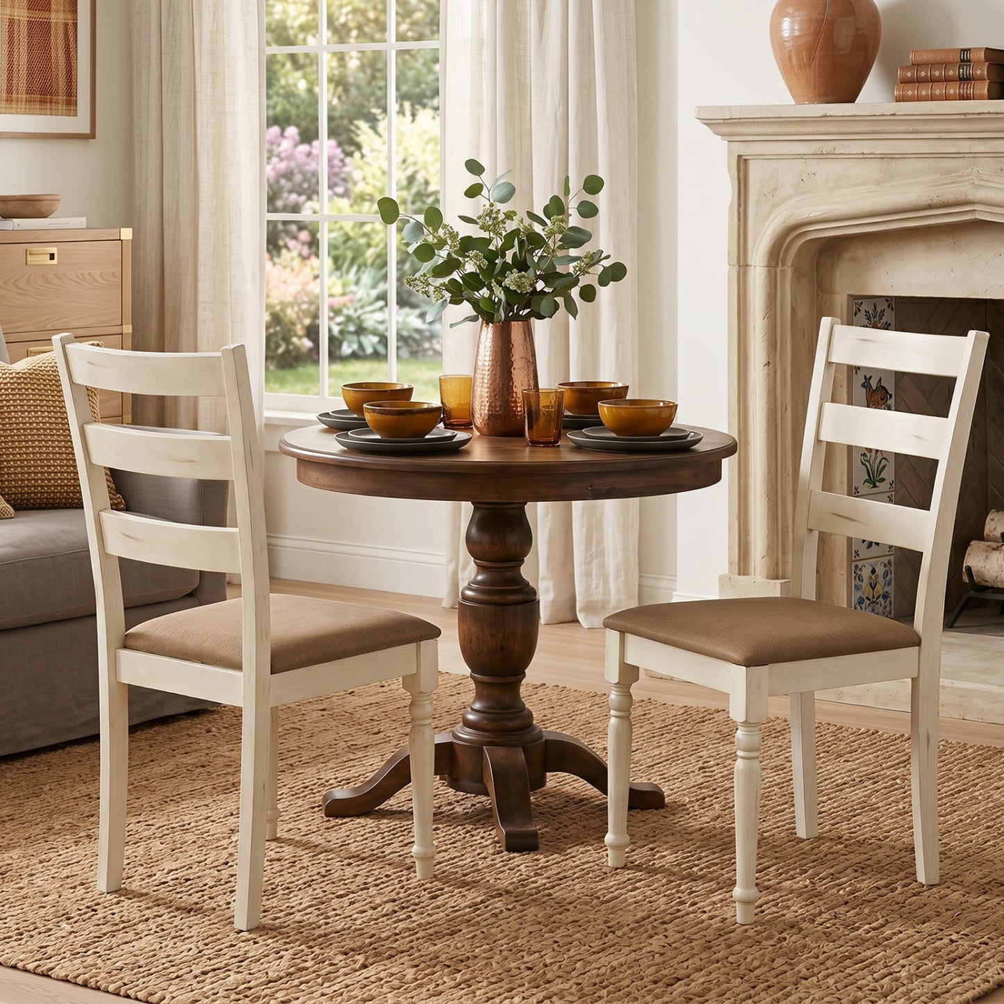 Dining Chairs Set of 2 with padded linen seats in cream finish, DirectDeals on Tampa Home & Garden Store