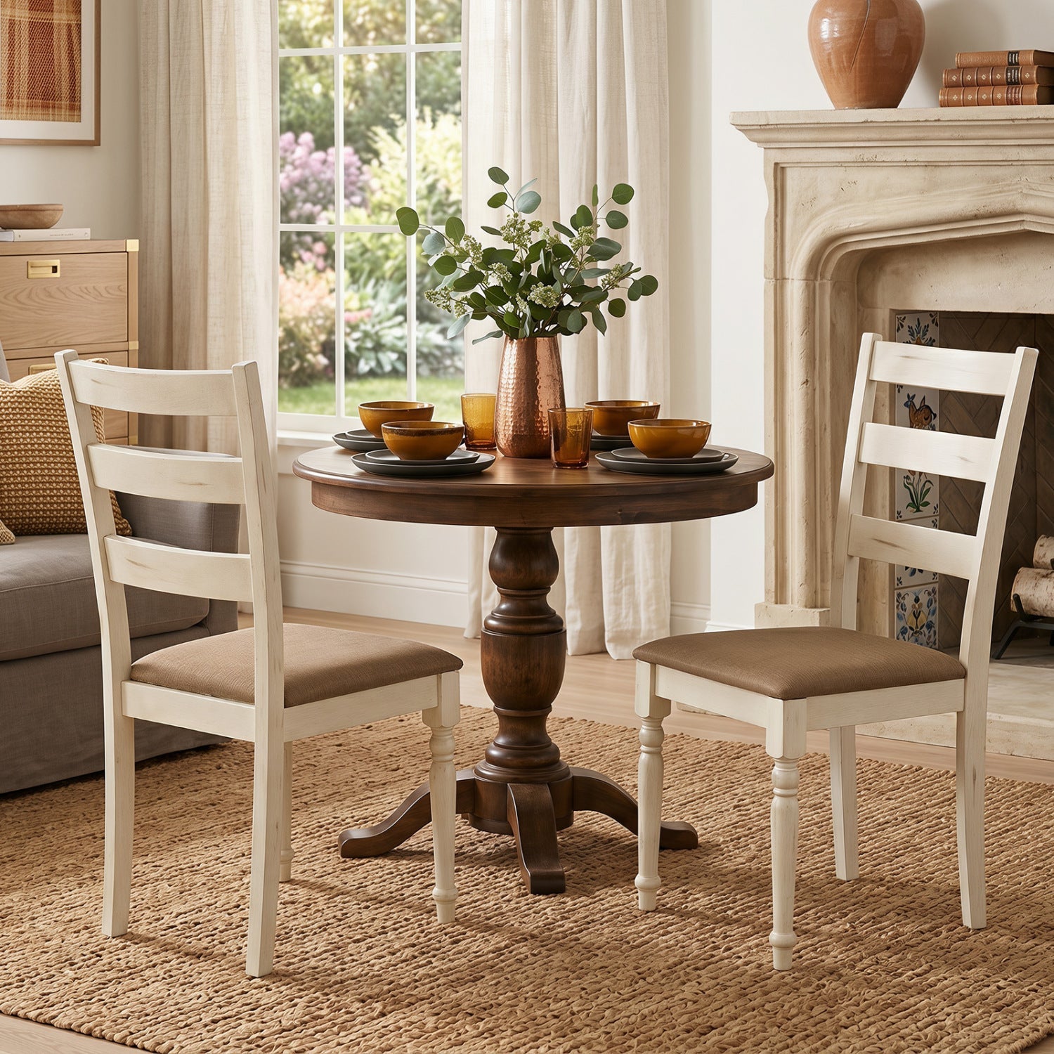 Dining Chairs Set of 2 with padded linen seats in cream finish, DirectDeals on Tampa Home & Garden Store