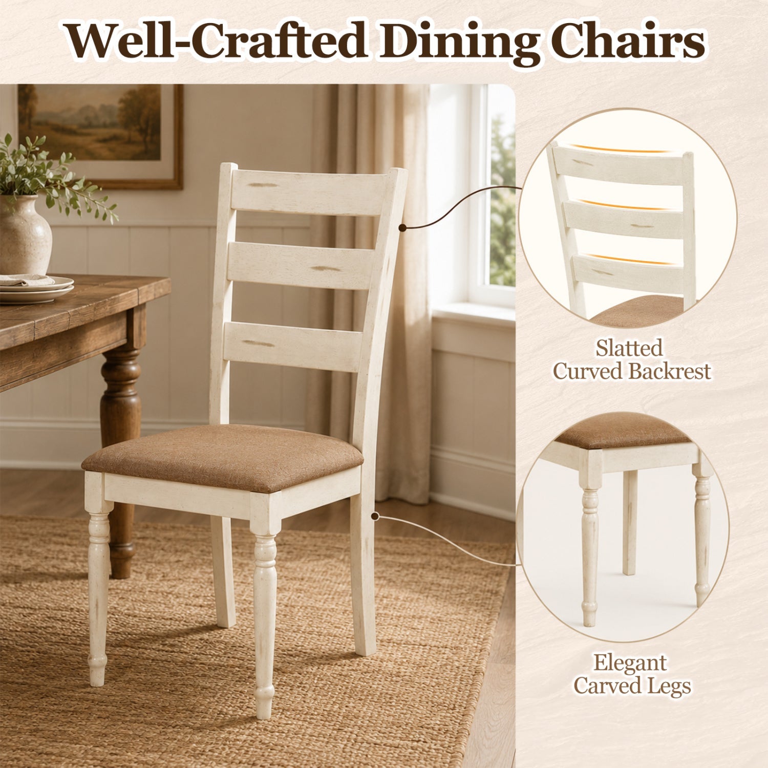 Dining Chairs Set of 4 by DirectDeals, whitewashed wood with padded linen seats and slatted backs on Tampa Home & Garden Store