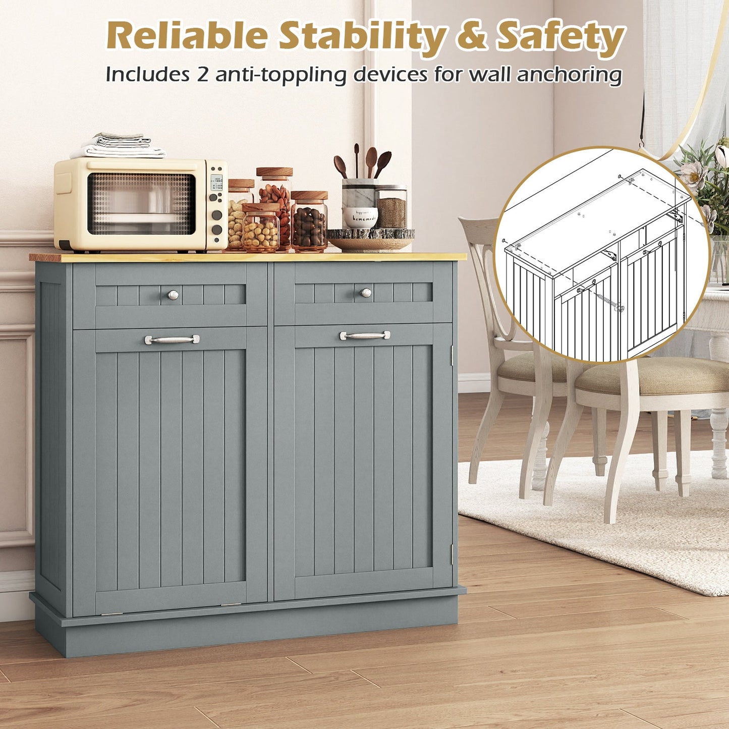 Kitchen Tilt Out Trash Cabinet with 2 Drawers and Adjustable Shelf