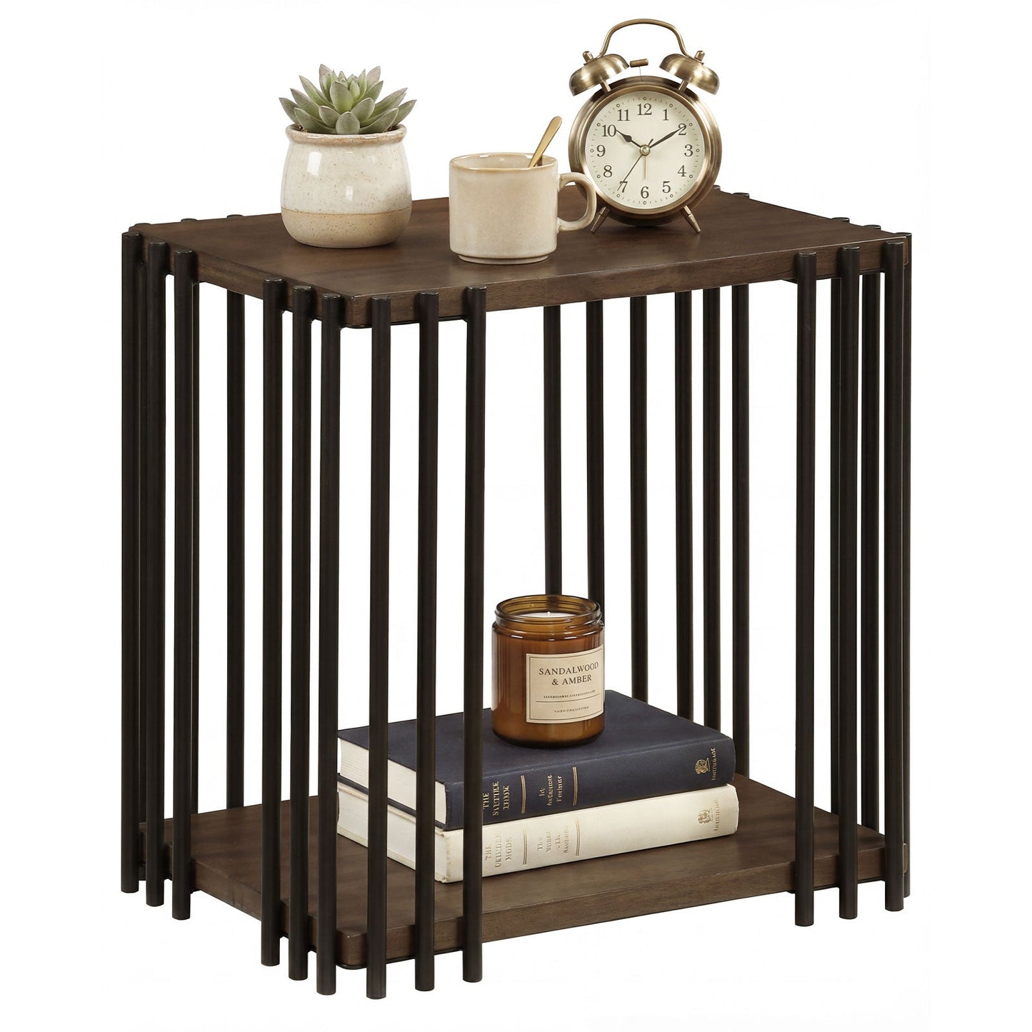 Rubber Wood Side Table with 2-Layer Storage Shelves and Metal Frame-Walnut