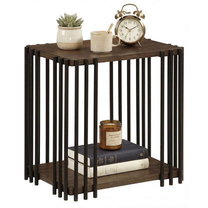 Rubber Wood Side Table with 2-Layer Storage Shelves and Metal Frame-Walnut