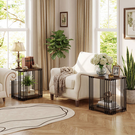 Rubber Wood Side Table Set of 2 with 2-Layer Storage Shelves and Metal Frame-Walnut - Tampa Home & Garden Store