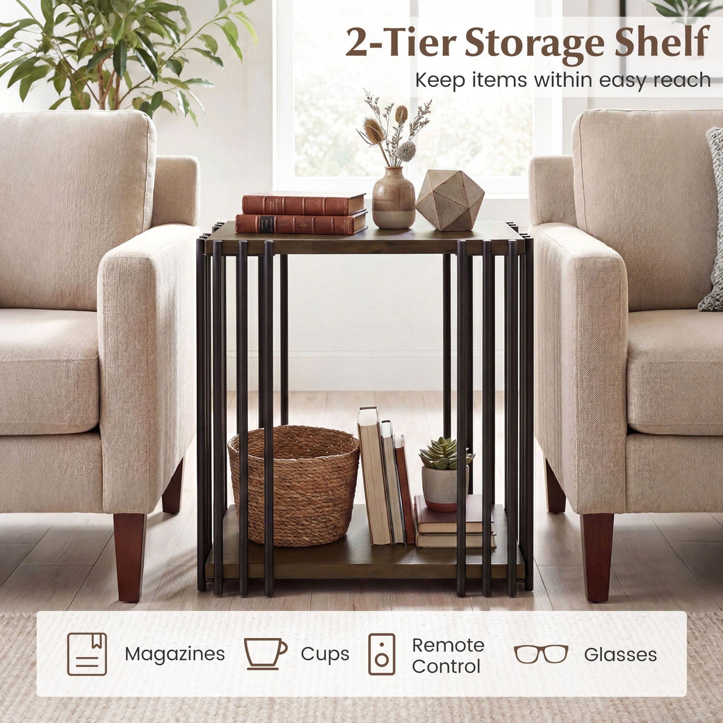 Rubber Wood Side Table Set of 2 with 2-Layer Storage Shelves and Metal Frame-Walnut
