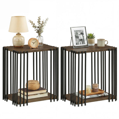 Rubber Wood Side Table Set of 2 with 2-Layer Storage Shelves and Metal Frame-Walnut