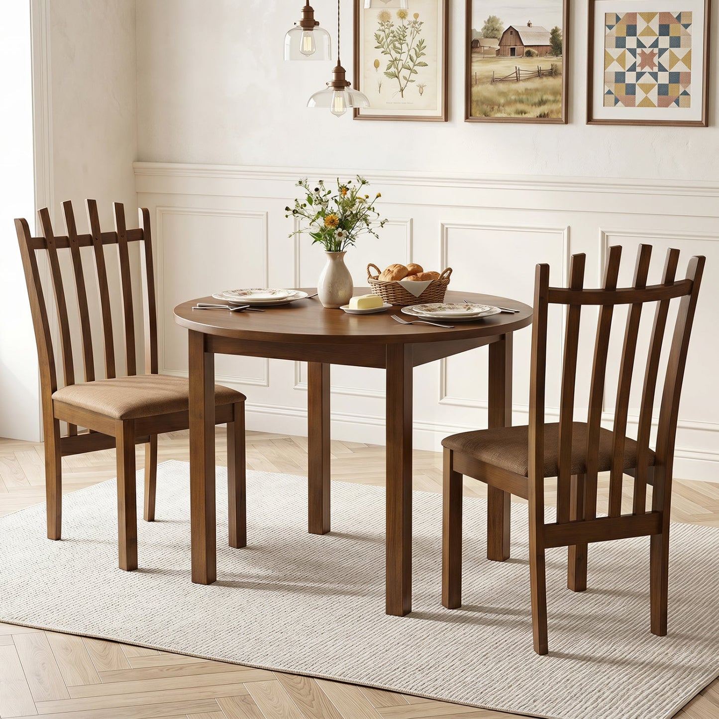 Rubber wood slat-back dining chairs set of 2 in brown around a round dining table on Tampa Home & Garden Store